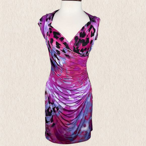 Cache Dresses & Skirts - Cache Y2K Purple Pink Animal Print Ruched Bodycon Club Cocktail Dress Sz 6